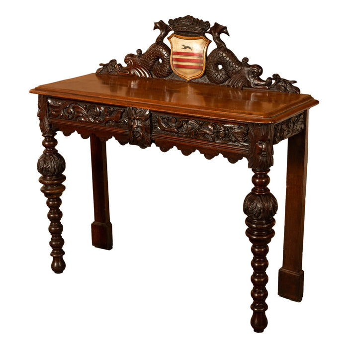 Antique Carved Oak Hall Table Skipworth Family Painted Royal Coat of Arms 1860