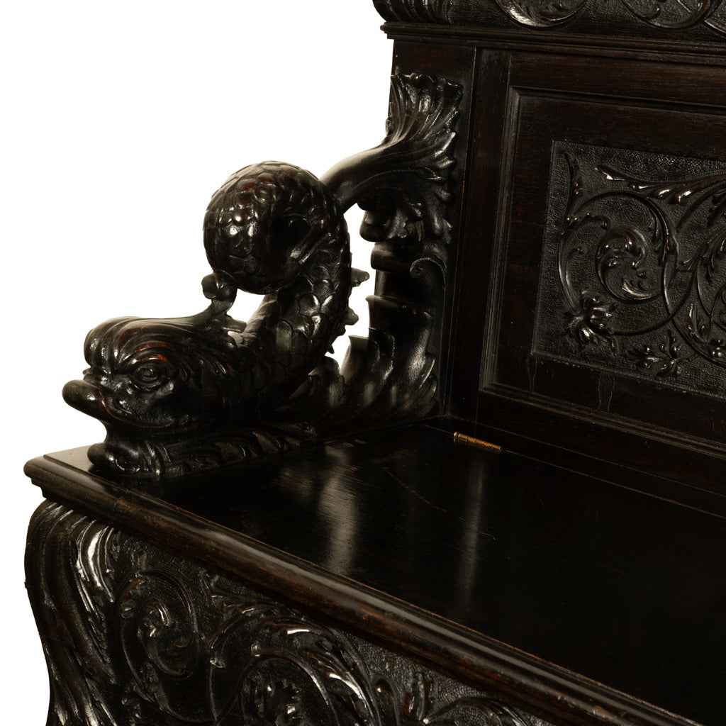 Antique Italian Renaissance Revival Carved Walnut Hall Bench Chest Dolphins 1870