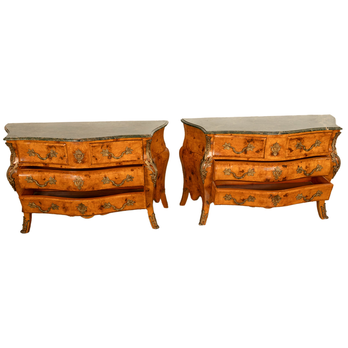 Pair 19th Century Antique Italian Burlwood Bombe Commodes Chests Ormolu & Green Marble 1890