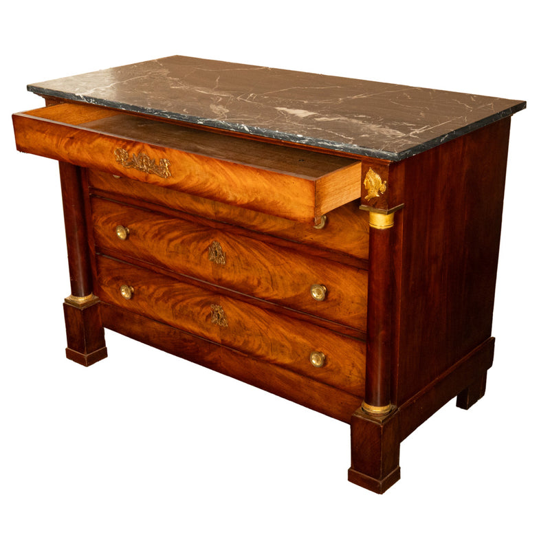 Antique French Empire Mahogany Marble Top Ormolu Commode Chest of Drawers 1810