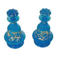 Antique Pair French Blue Opaline Gilded Enamel Glass Perfume Bottles Flacon 1850