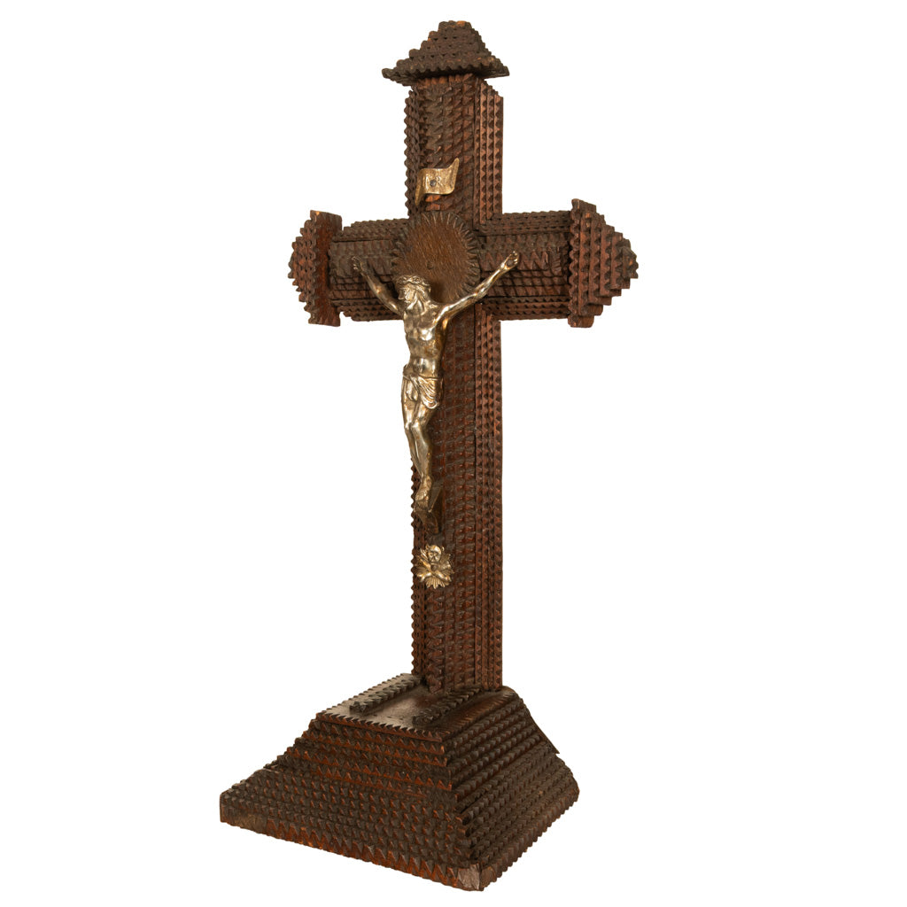 Antique American Tramp Art Carved Wood Crucifix John Zadora Pennsylvania 1900