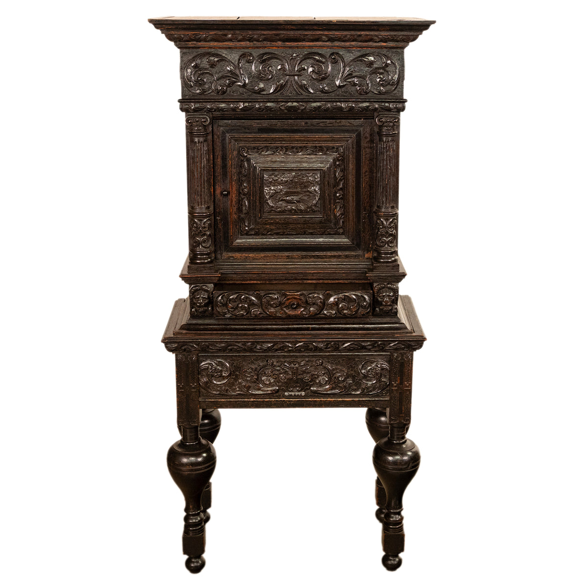 Antique 17th Century Dutch Carved Ebonized Oak Credence Cabinet on Stand 1680