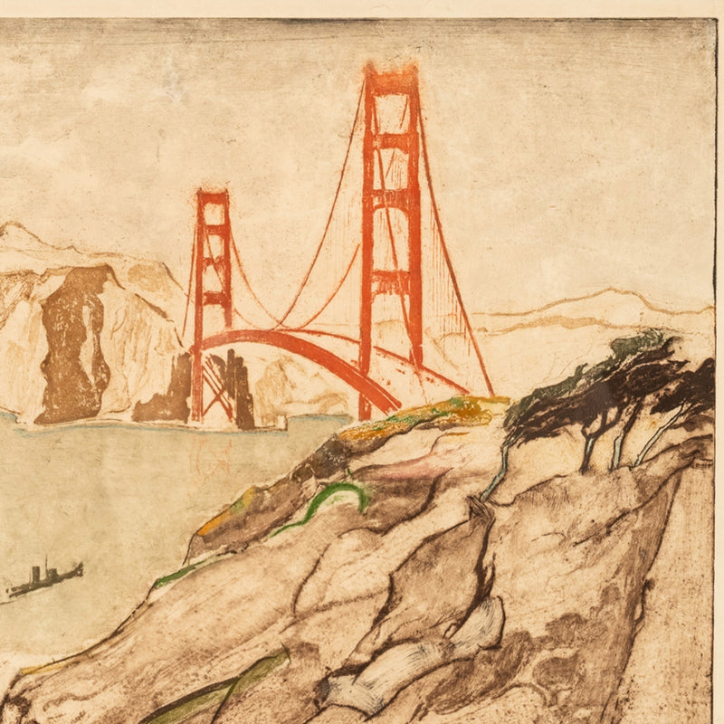 San Francisco Colored Etching Aquatint Golden Gate Bridge by Max Pollak Signed 1944