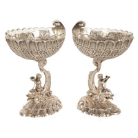 Antique Pair German Silver Master Salts Grotto Shells Putti Dolphins Hannau 1890