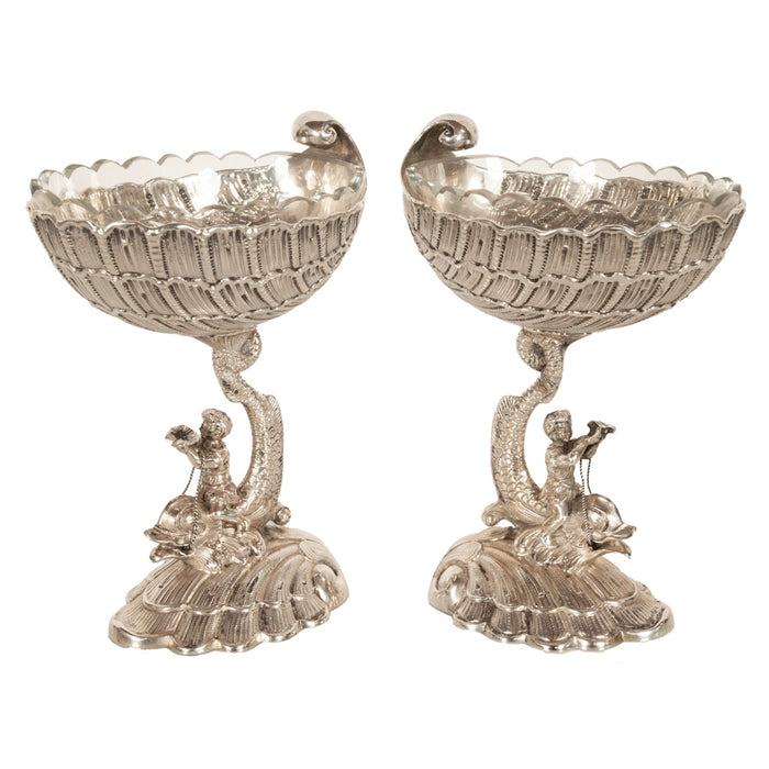 Antique Pair German Silver Master Salts Grotto Shells Putti Dolphins Hannau 1890