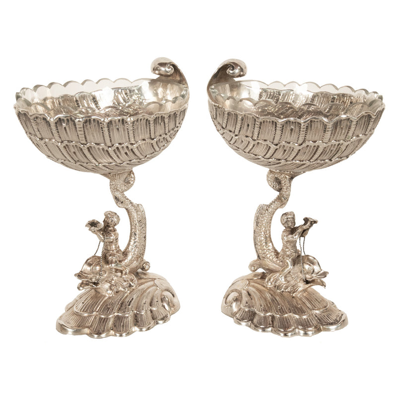 Antique Pair German Silver Master Salts Grotto Shells Putti Dolphins Hannau 1890