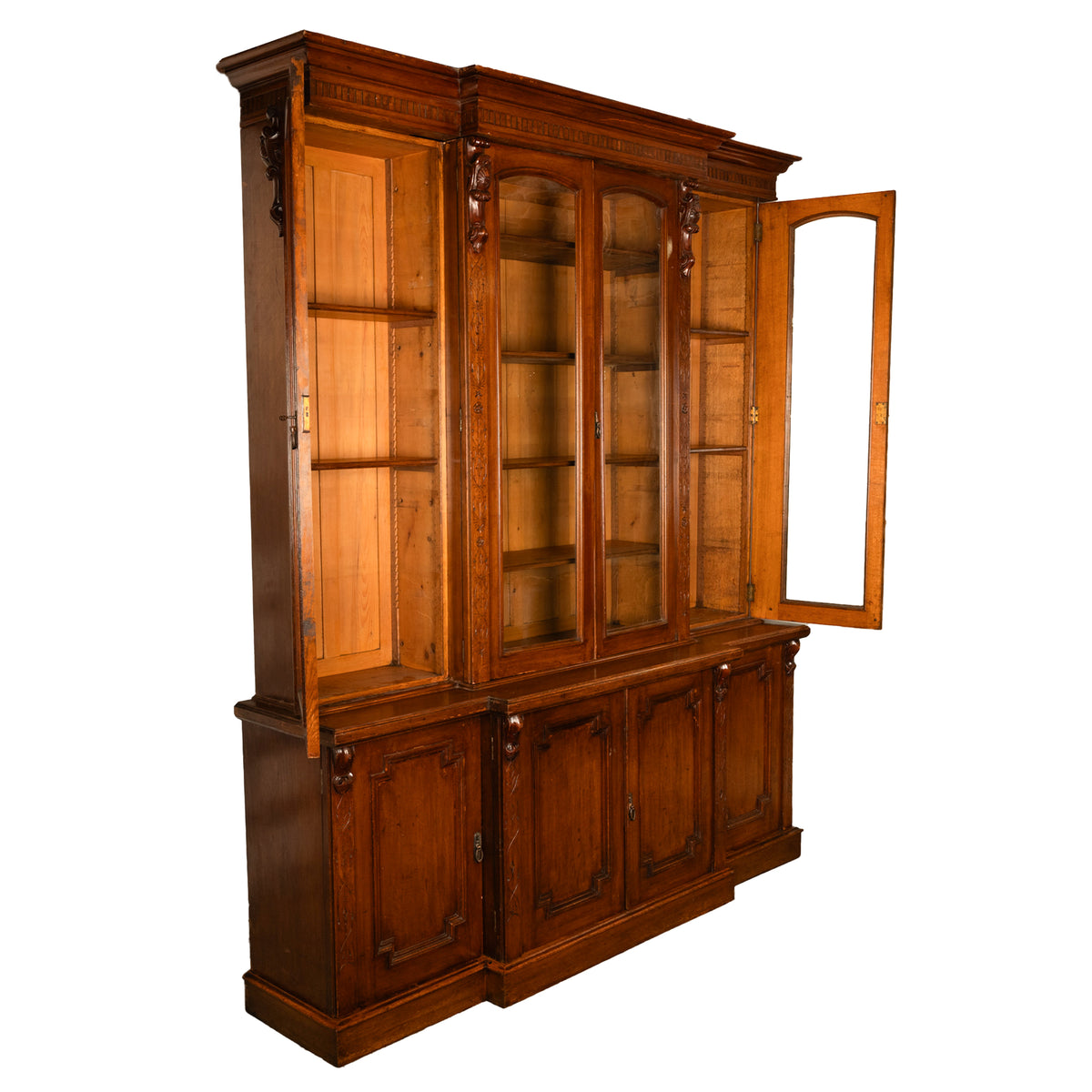 Antique Monumental Irish Carved Oak Breakfront Bookcase Library Bibliotheque circa 1860