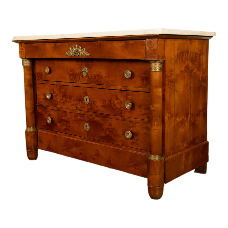 Antique 19th Century French Empire Burl Walnut Marble Ormolu Chest Drawers Commode 1810
