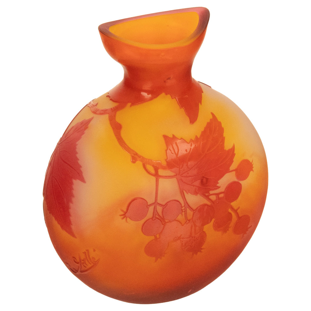 Antique French Art Nouveau Cameo Art Glass Emile Galle Vase Leaves Berries 1900