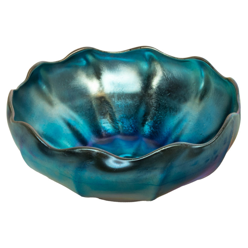 Antique Tiffany Studios Blue Iridescent Favrile Art Glass Bowl Signed "LCT" 1905