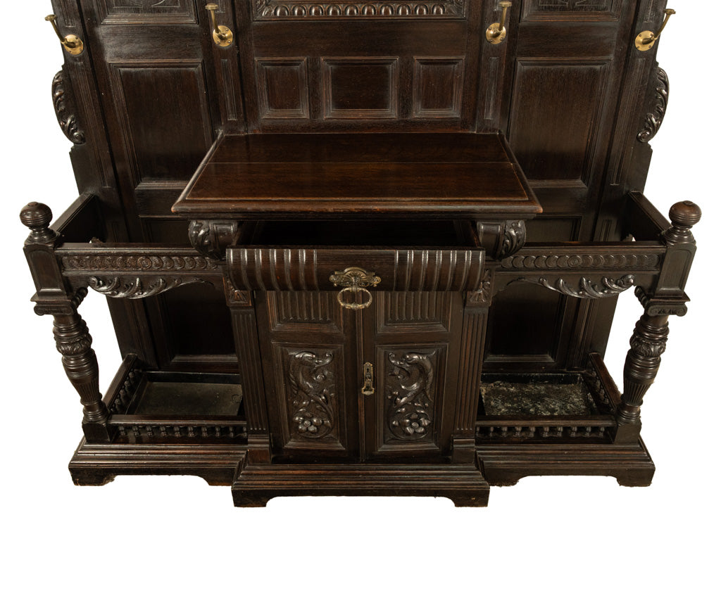 Antique Monumental Renaissance Revival Carved Oak Hall Tree Stand Mirror 1890