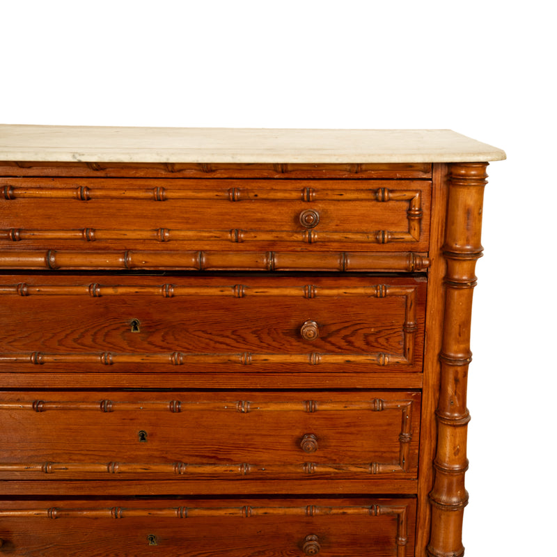 Antique 19th Century French Faux Bamboo Pine White Marble Chest Drawers Commode Circa 1880