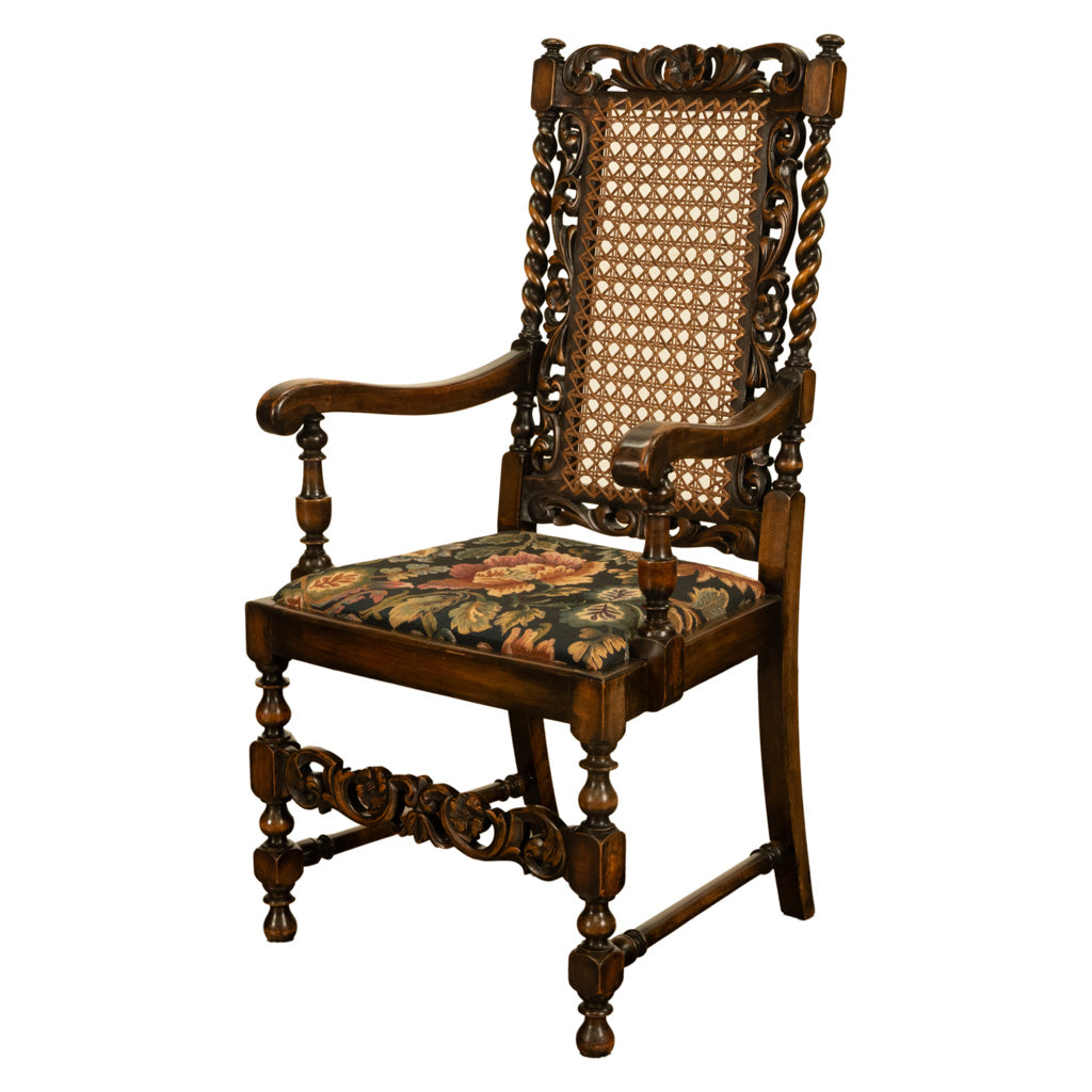 Antique 19thC Set 6 Carved Caned Jacobean Barley Twist Walnut Dining Chairs 1870