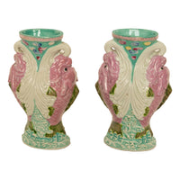 Pair Antique Chinese Qing Dynasty Wucai Glaze Porcelain Double Dragon Fish Vases, 1890