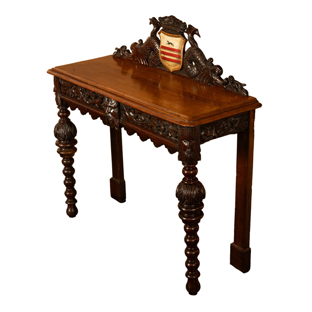 Antique Carved Oak Hall Table Skipworth Family Painted Royal Coat of Arms 1860