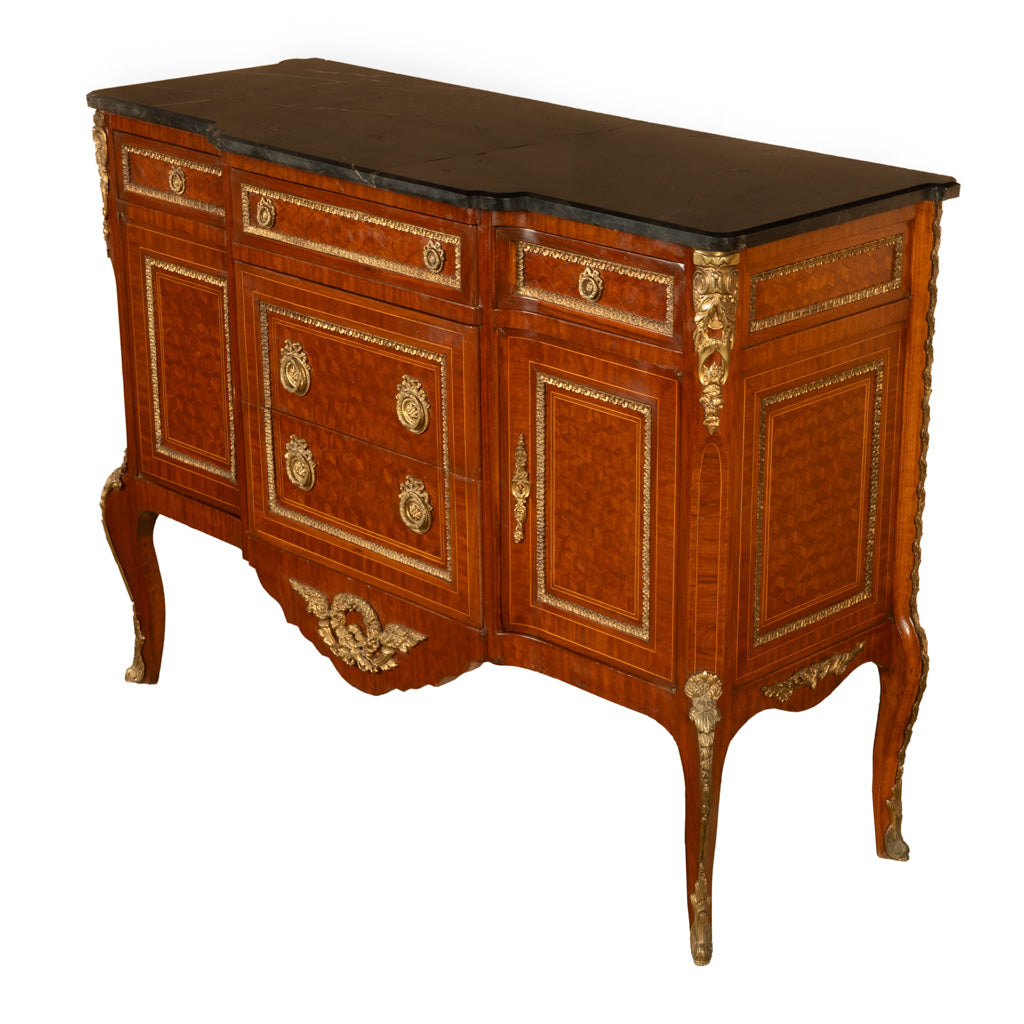 Antique French Parquetry Ormolu Marble Top Louis XVI Commode Chest Drawers 1880