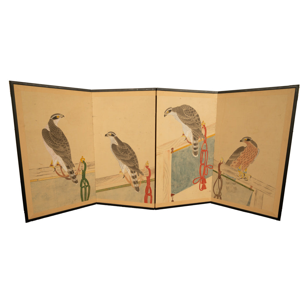Pair Antique Japanese Edo Falcon Hawk Birds of Prey Takagari Screens 1880