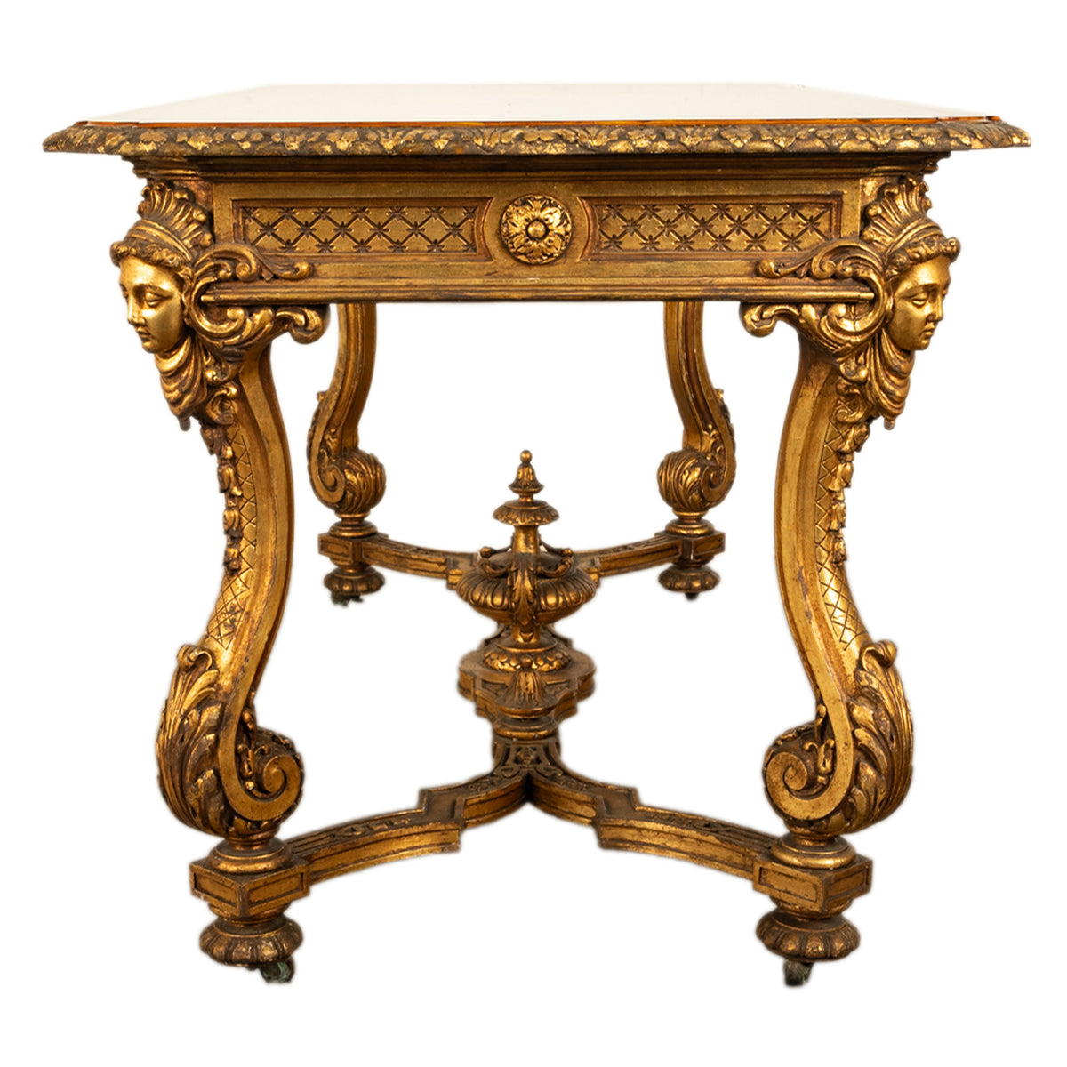 Antique French 19th Century Régence Giltwood Parquetry Center Console Table 1890