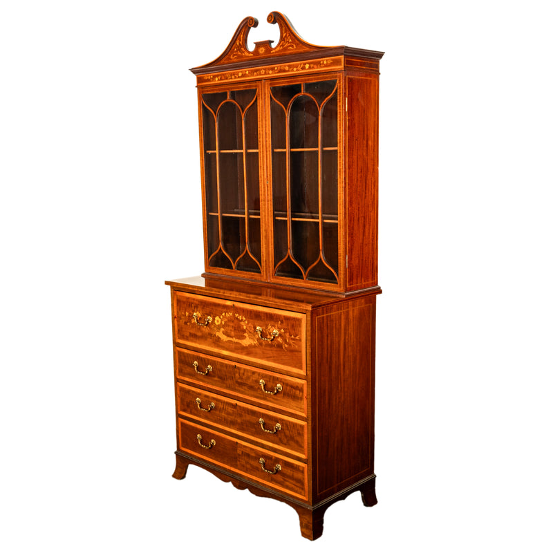 Antique Georgian Sheraton Marquetry Mahogany Bureau Bookcase Butler's Secretary Circa 1810