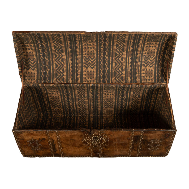 Antique 17th Century Italian Leather and Pine & Brass Stud Work Carriage Chest Trunk 1680