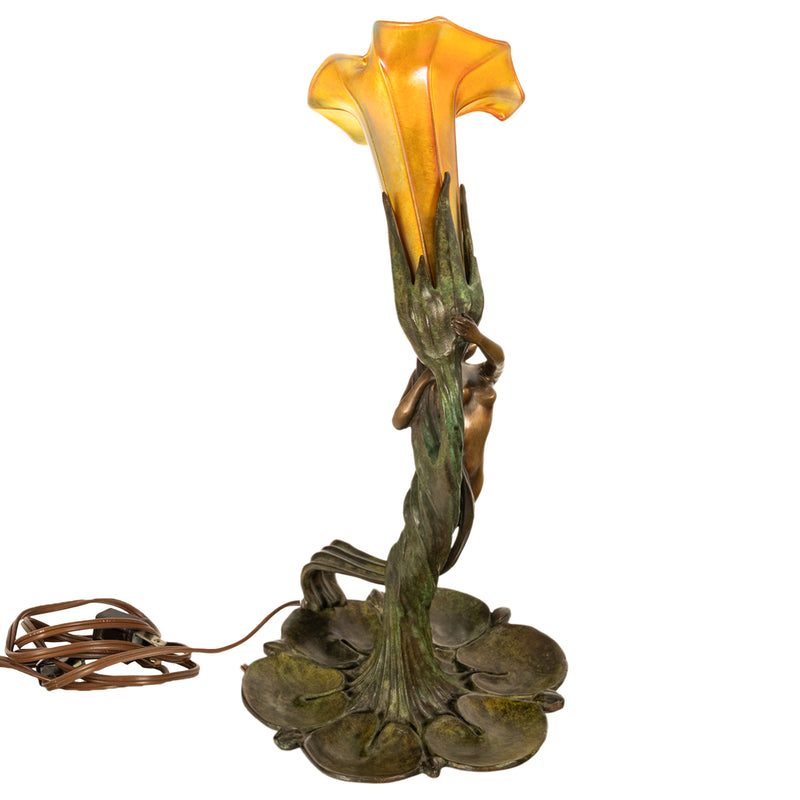 Antique Art Nouveau Austrian Bronze Figural Lamp Loetz Glass Gustav Gurschner, 1905