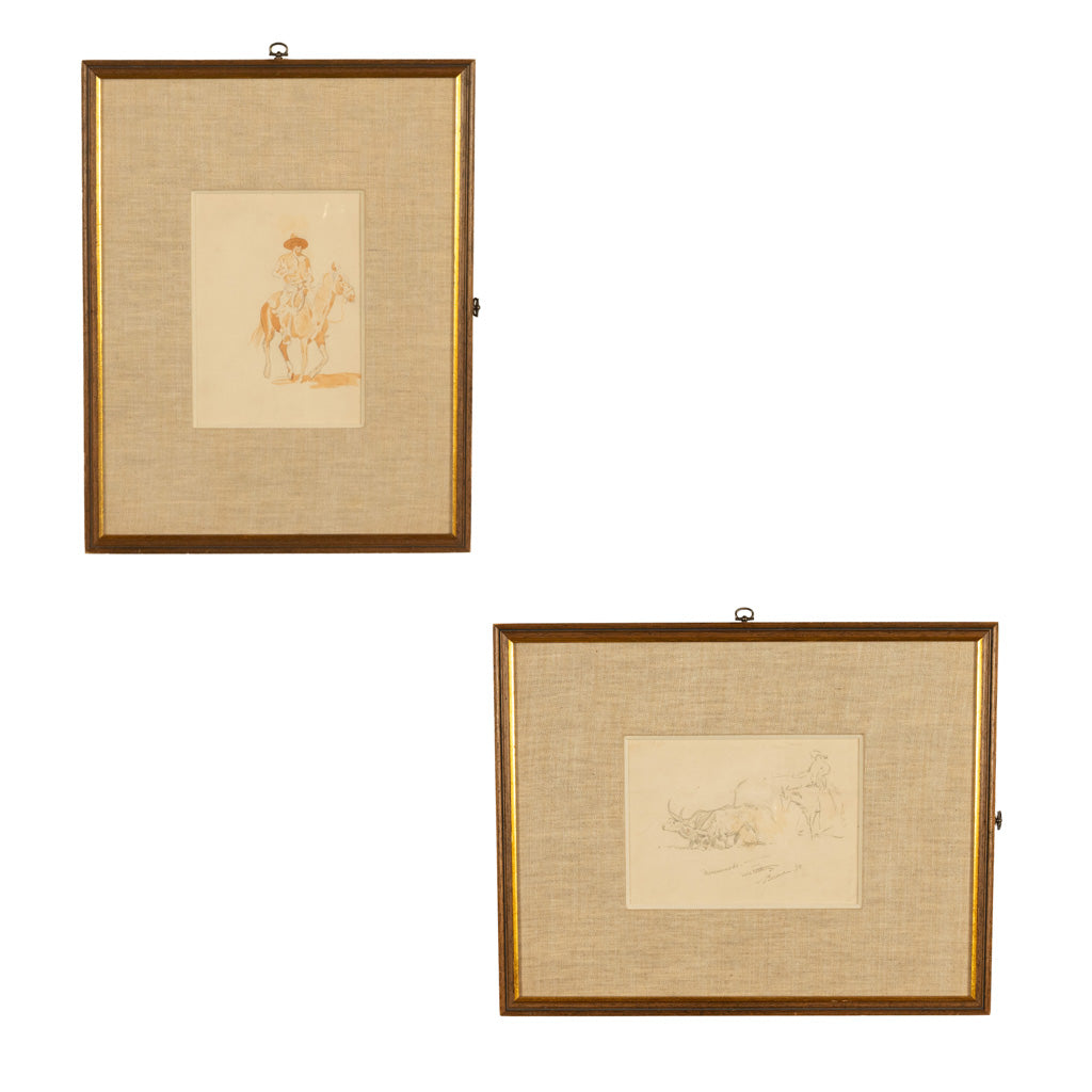 Two American Old West Watercolor Painting Ink & Pencil Drawings Cowboy Horses by Edward (John Edward) Borein, 1898