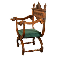Antique Renaissance Revival Carved Walnut Green Man Savonarola Chair Circa 1890
