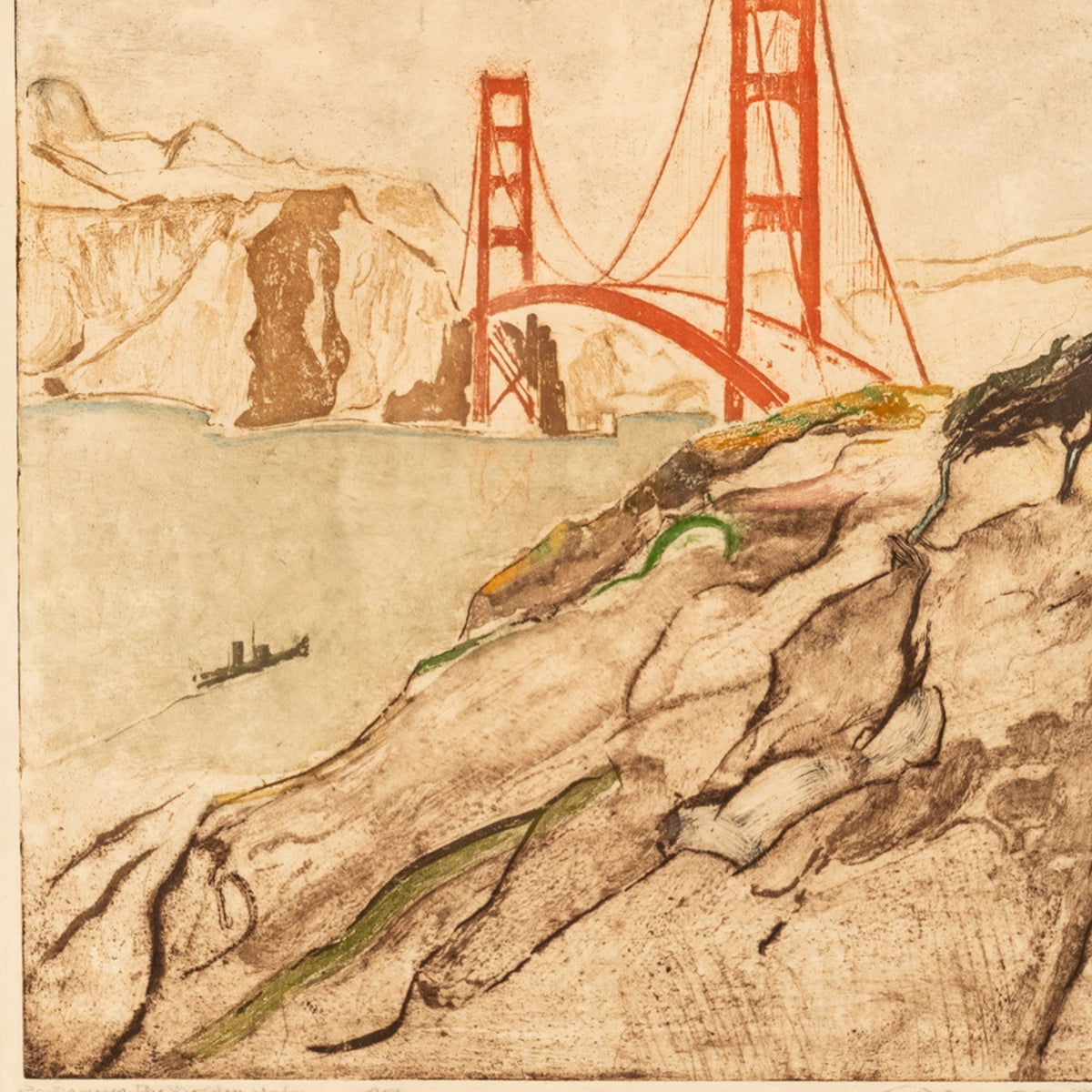 San Francisco Colored Etching Aquatint Golden Gate Bridge by Max Pollak Signed 1944