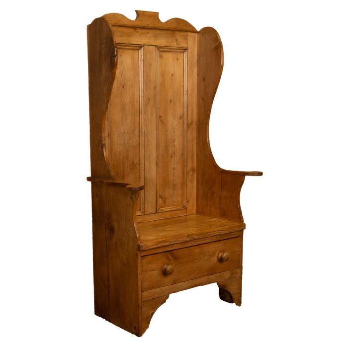 Antique 19thC English Pine Lambing Chair Hall Bench Settle With Drawer 1860