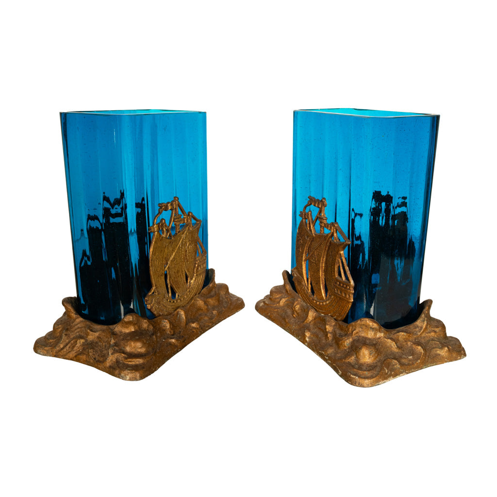 Antique American Art Deco Brass Glass Vases Ship Bookends Bradley & Hubbard 1925