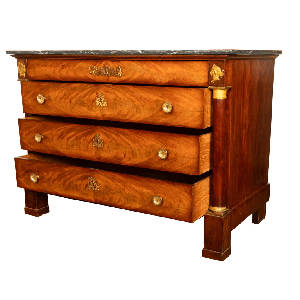 Antique French Empire Mahogany Marble Top Ormolu Commode Chest of Drawers 1810