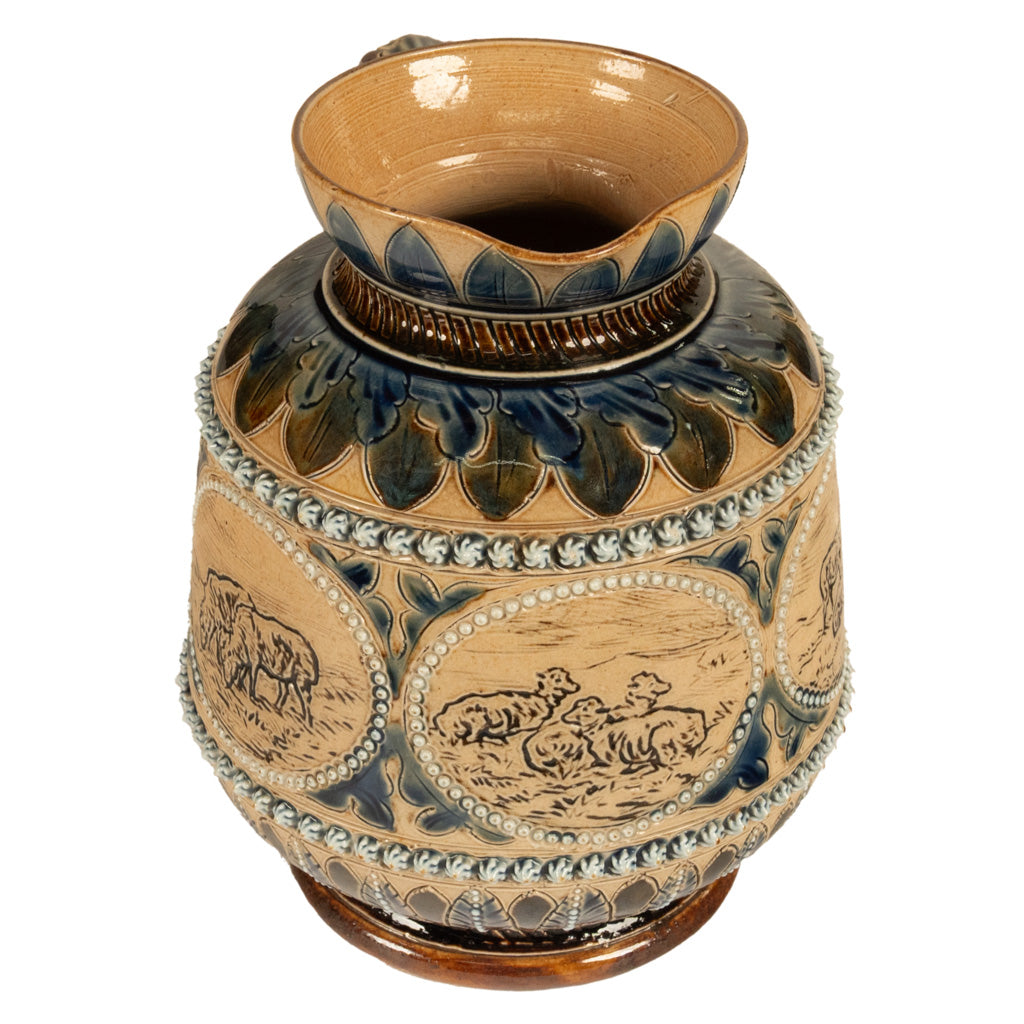 Antique Aesthetic Movement Doulton Lambeth Hannah Barlow Stoneware Jug Sheep, 1873
