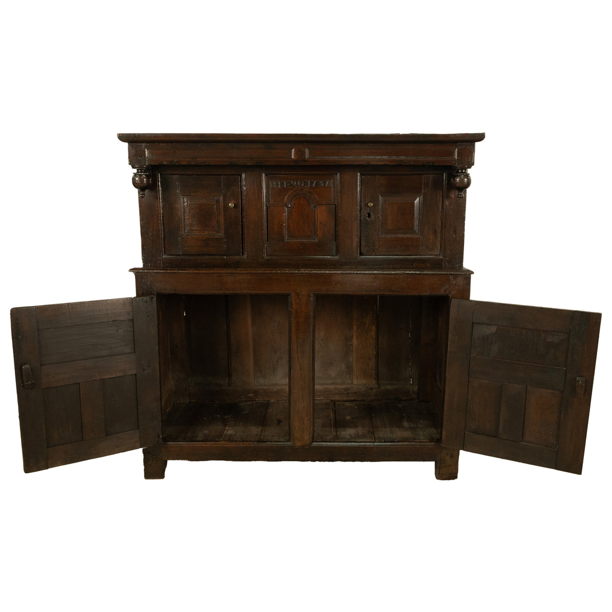 Antique Early 18th Century Welsh English Deuddarn Carved Oak Court Cupboard 1737