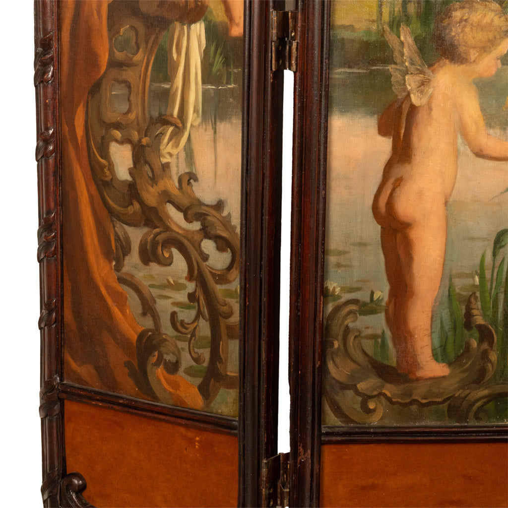 Antique French Rococo Oil Canvas Walnut Painting Landscape Cherubs Screen 1870