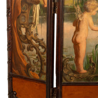 Antique French Rococo Oil Canvas Walnut Painting Landscape Cherubs Screen 1870