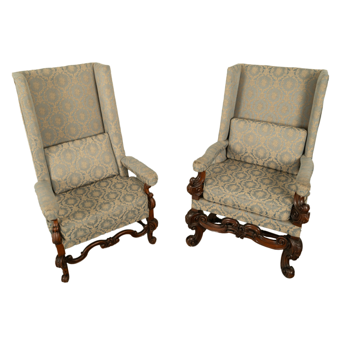 Pair 17th Century Style Carolean Carved Walnut Throne Wing Back Armchairs 1860