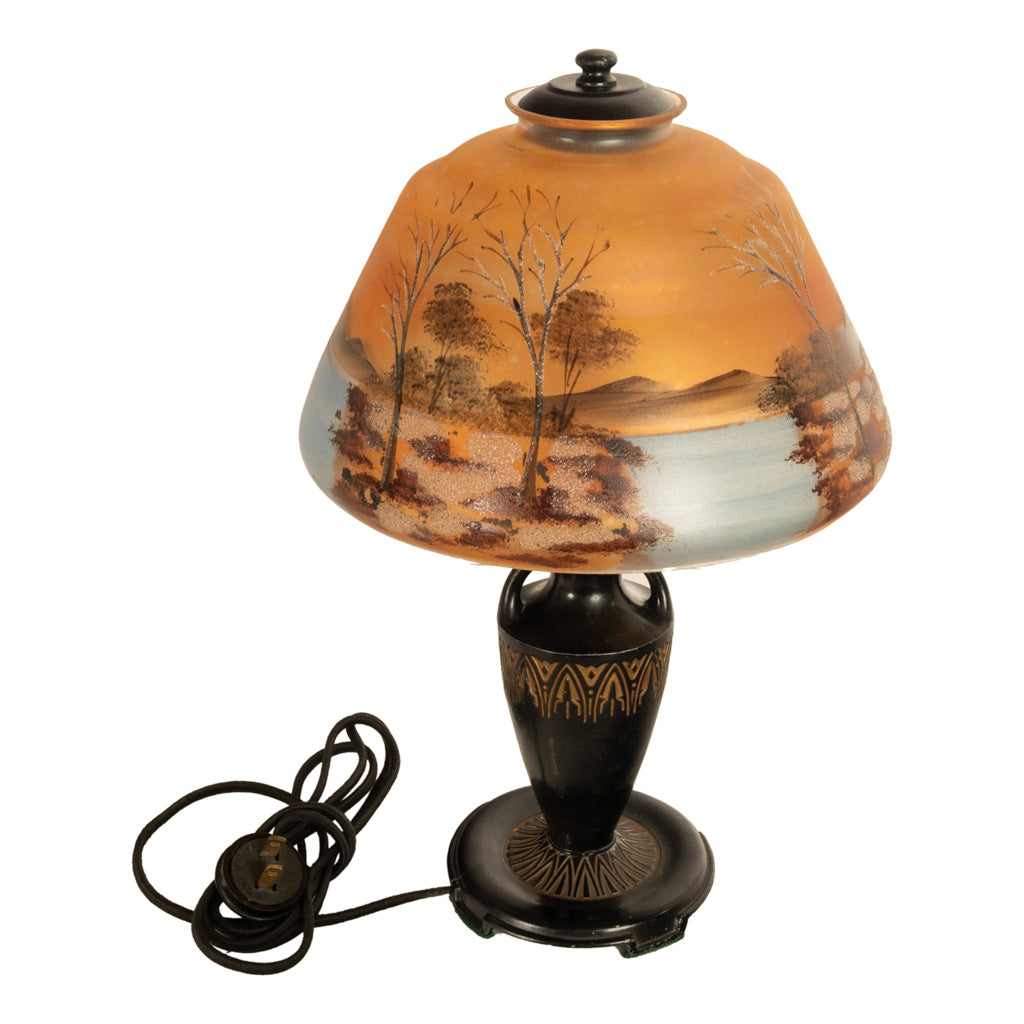 Antique Art Deco Moe Bridges Reverse Painted Landscape Boudoir Table Lamp 1920