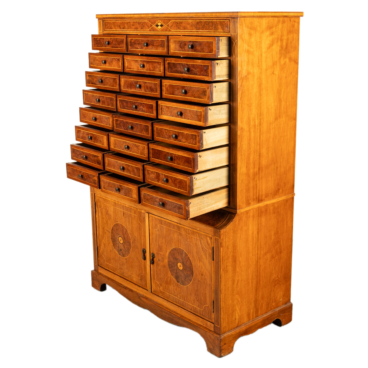 Antique Art Deco Inlaid Marquetry Burl Walnut 24 Drawer Filing Collectors Cabinet Circa 1920