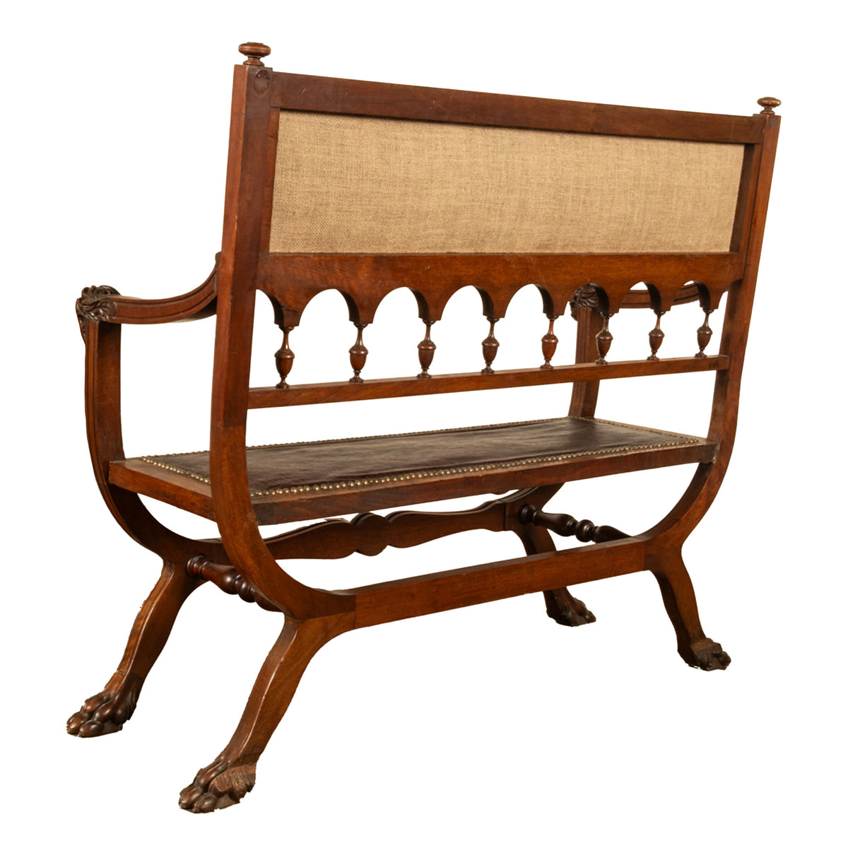 Antique Renaissance Revival Carved Walnut & Leather Hall Window Bench Italy 1880