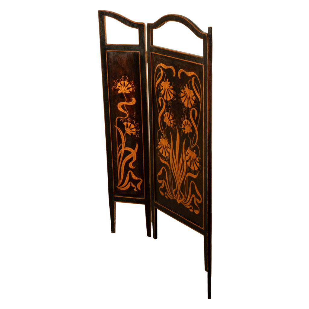 Antique Art Nouveau Mahogany Painted Fire Folding Screen Liberty Co London 1900