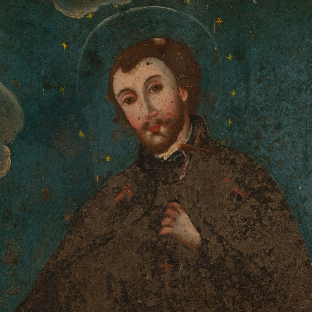 Antique 18thC Spanish Colonial Icon Painting Retablo St. Camillus & Christ 1760