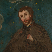 Antique 18thC Spanish Colonial Icon Painting Retablo St. Camillus & Christ 1760