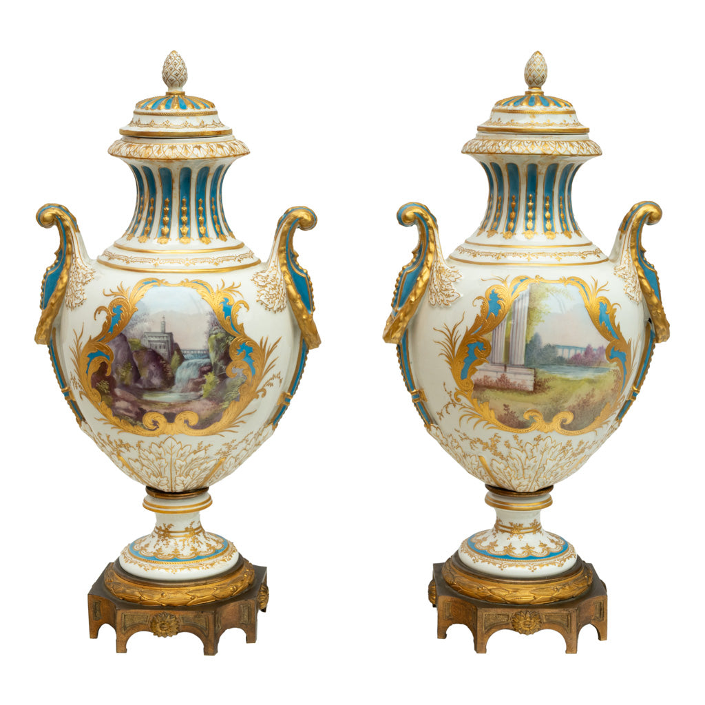 Pair Antique French Sevres Handpainted Gilded Ormolu Porcelain Urns signed 1890
