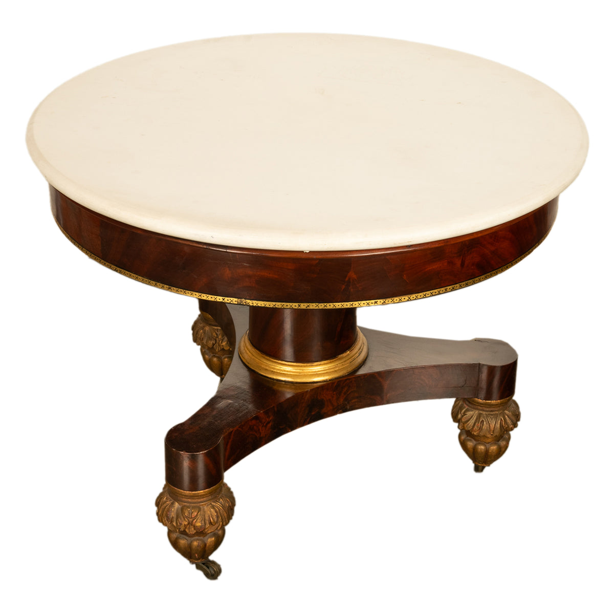 Antique American Classical Mahogany Marble Top Parcel Gilt Round Center Table New York Duncan Phyfe 1825