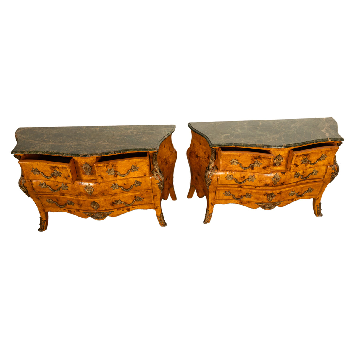 Pair 19th Century Antique Italian Burlwood Bombe Commodes Chests Ormolu & Green Marble 1890