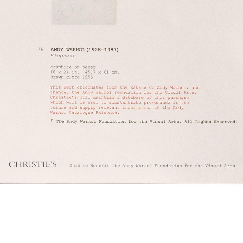 Rare Original Abstract Elephant Graphite Drawing Catalogue Raisonné Ex-Christies by Andy Warhol, 1955