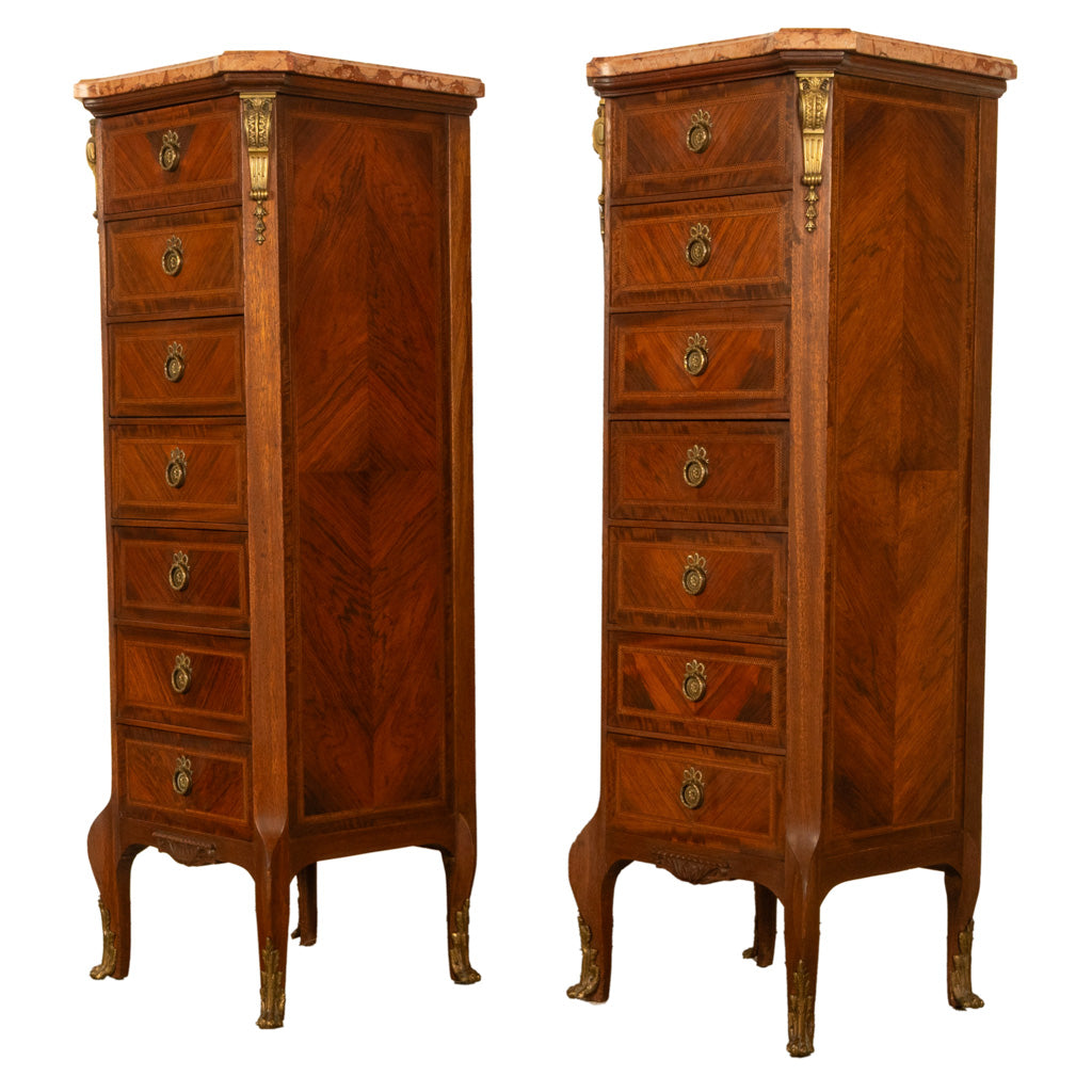 Pair Antique French Semainier Ormolu Inlaid Lingerie Marble Chests Dressers 1900