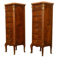 Pair Antique French Semainier Ormolu Inlaid Lingerie Marble Chests Dressers 1900