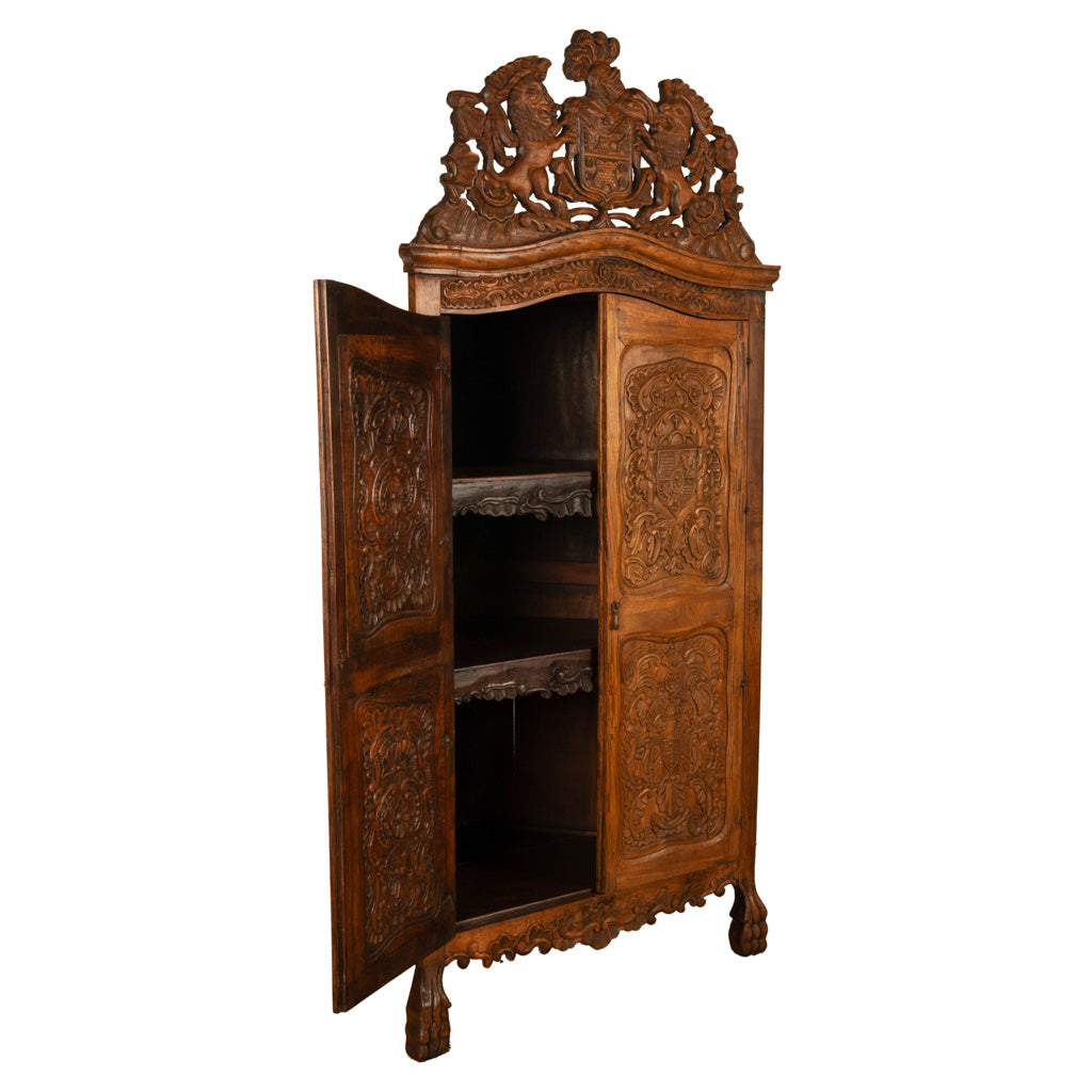 Antique 18th Century Carved Walnut Corner Cabinet Spainish Royal Coat of Arms
